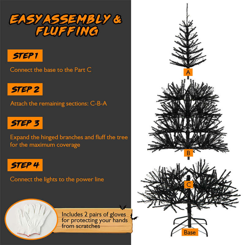 6ft Pre-lit Black Hinged Halloween Tree Christmas Tree with 250 Purple LED Lights & 25 Ornaments