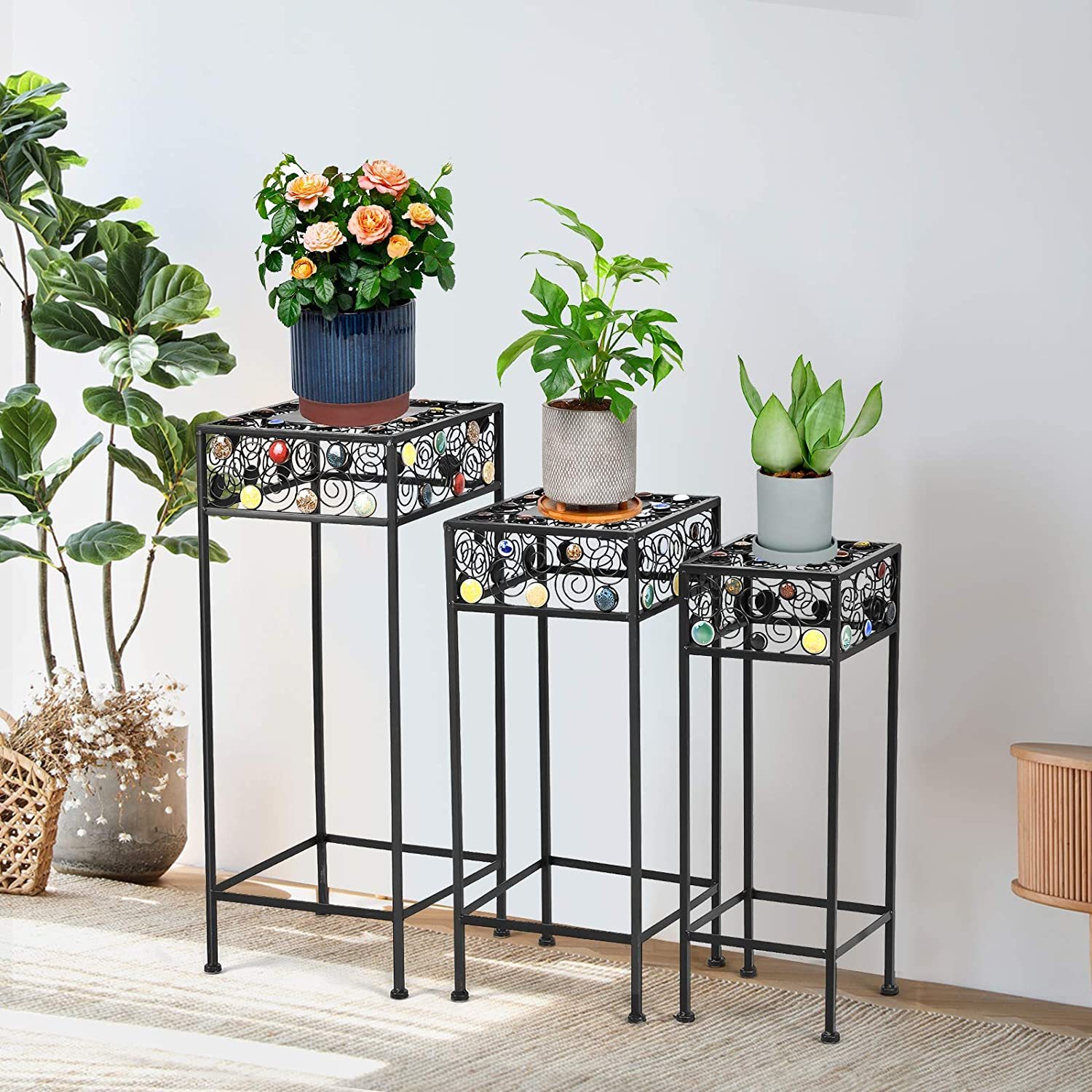3 Pcs Square Metal Plant Stand Ceramic Beads Flower Display Rack