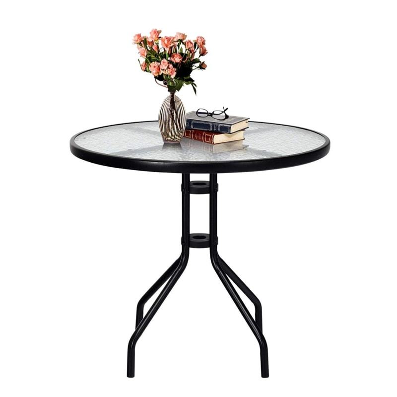 32" Round Outdoor Dining Table All Weather Patio Side Table with Umbrella Hole, Tempered Glass Top & Steel Frame