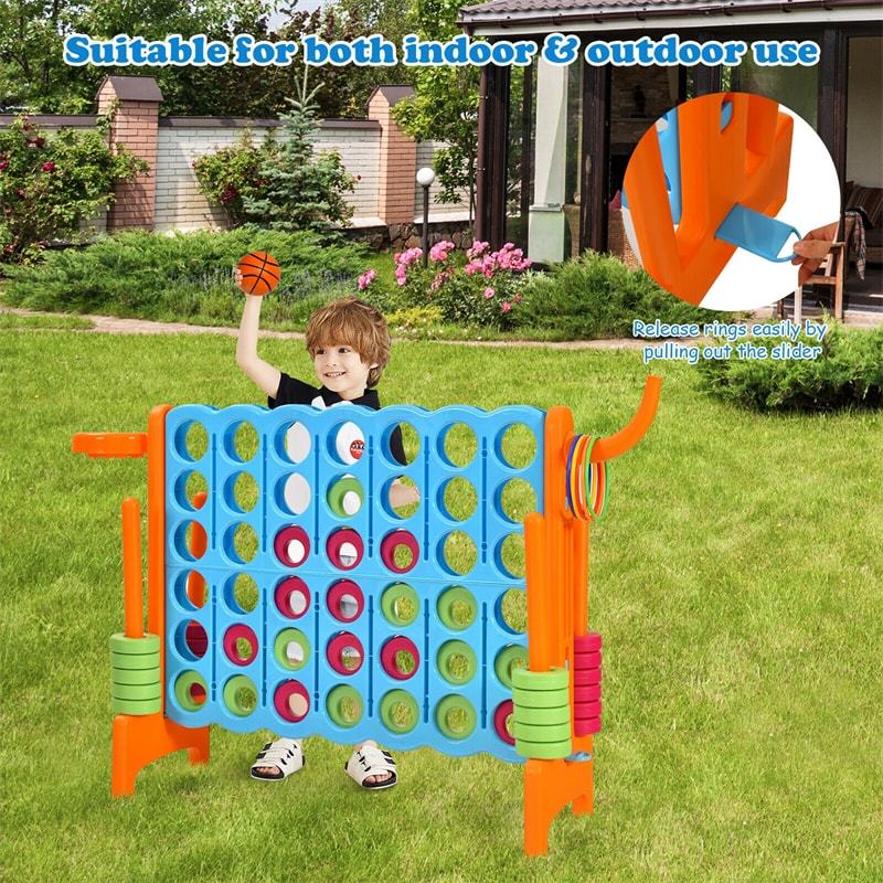 Giant 4-in-A-Row Game Set, Jumbo 4-to-Score Lawn Game with Basketball Hoop, 42 Rings, Quick-Release Slider for Kids & Adults, Indoors Outdoors