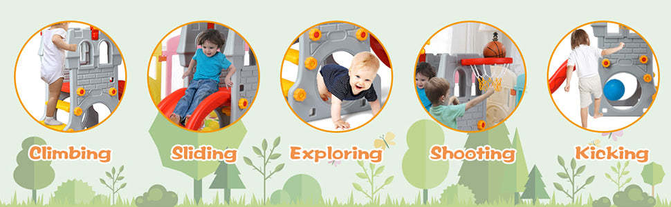 4 in 1 Kids Castle Climber Slide with Basketball Hoop Telescope for Indoor Outdoor