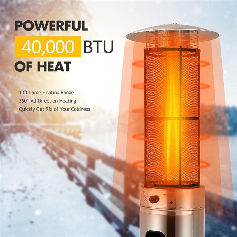 41,000 BTU Propane Patio Heater Stainless Steel Round Glass Tube Standing Outdoor Propane Gas Heater with Wheels for Garden Balcony Backyard