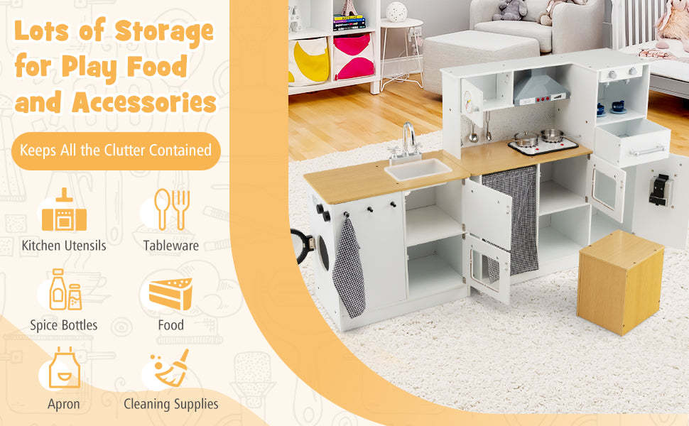 Kids 2-Piece Kitchen Playset Little Chef Wooden Modular Play Kitchen Toy Set with Movable Stool & Coffee Maker