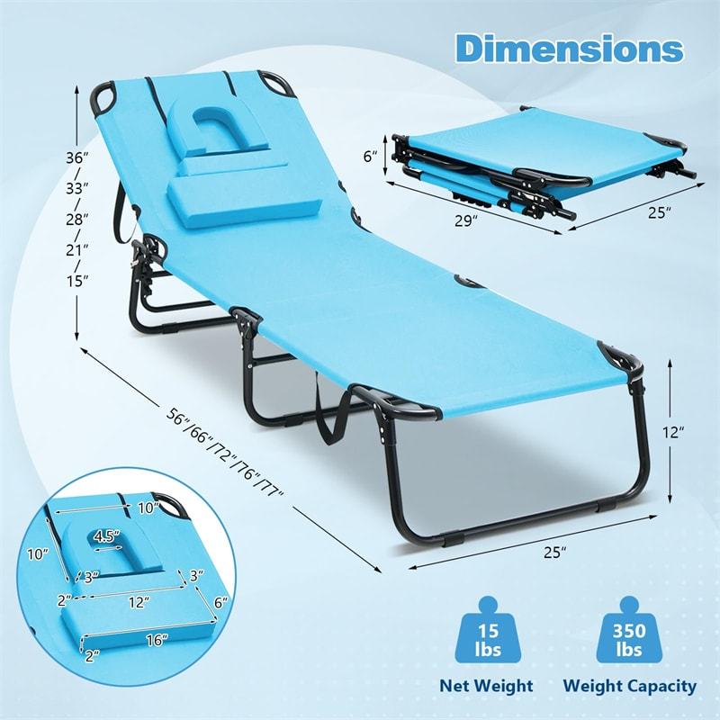Folding Beach Chaise Lounge Chair, 5-Position Adjustable Sunbathing Recliner with Face Hole, Removable Pillows, Carry Strap, 350LB Support