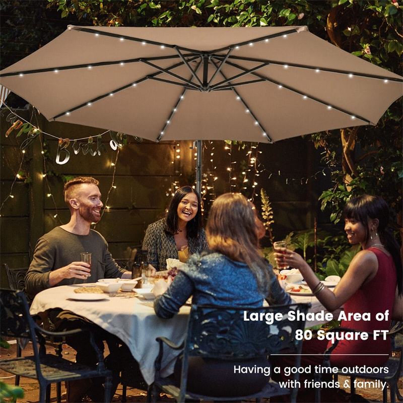 10FT Solar Offset Patio Umbrella, Hanging Cantilever Umbrella with 32 LED Lights, Adjustable Tilt, Sand Bag Base for Garden, Poolside, Yard