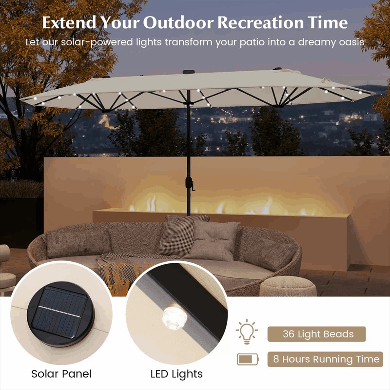 13FT Double-sided Patio Umbrella with Base, 36 Solar LED Lights & Crank Handle, Large Twin Table Umbrella for Poolside, Outdoor Dining