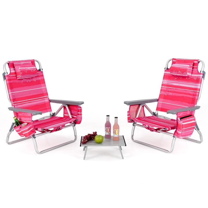 3PCS Folding Backpack Beach Chairs with Side Table, Cooler Bag, Cup Holder, 5-Position Reclining Beach Chairs for Camping Sunbathing