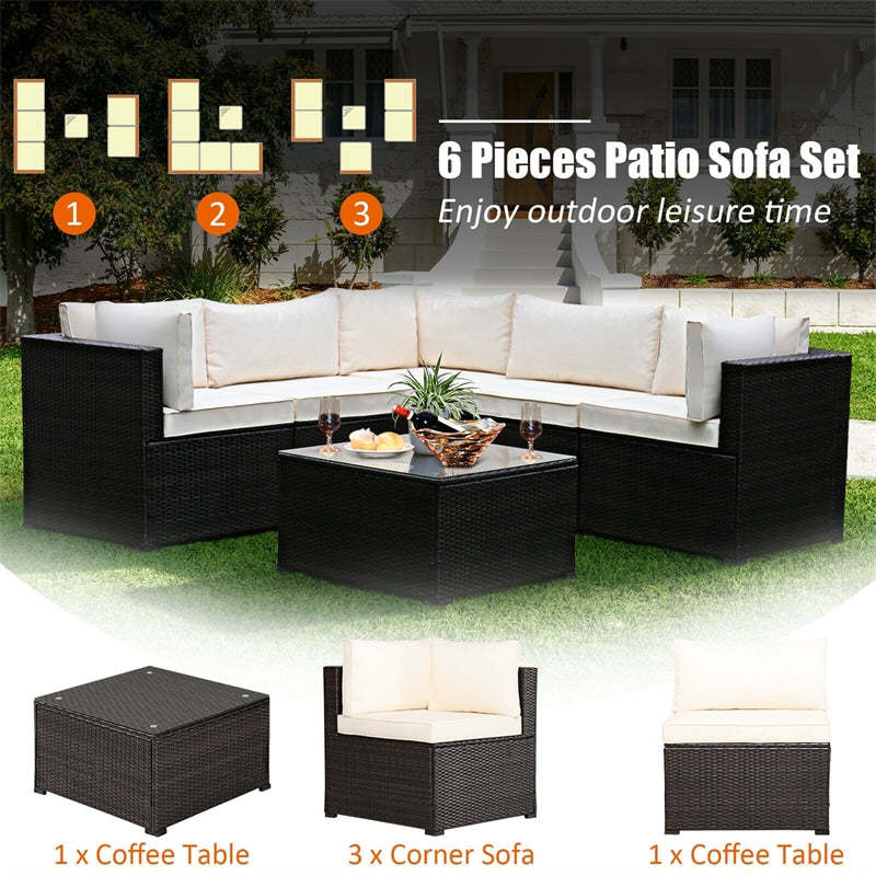 6 Pieces Patio Rattan Sofa Set Wicker Conversation Set with Glass Coffee Table & Cushions