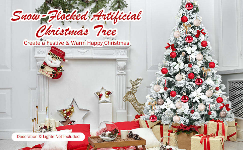 8ft Snow Flocked Hinged Artificial Christmas Tree with Berries and Poinsettia Flowers