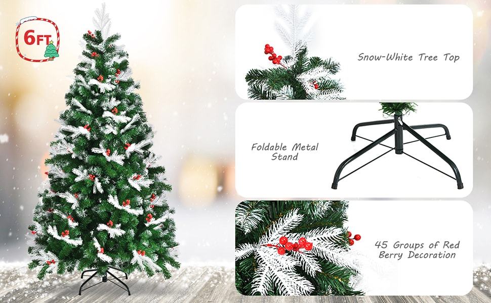 6ft Unlit Snow Flocked Hinged Christmas Tree with Folding Metal Stand