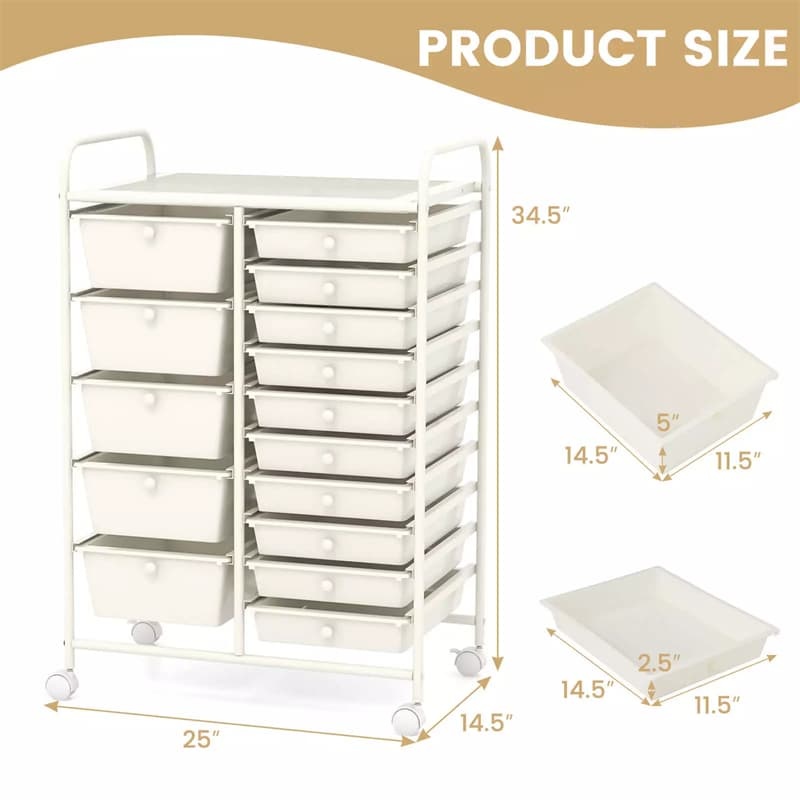 15-Drawer Rolling Storage Cart, Art &  Craft Organizer with Wheels & Removable Drawers for Tools, Scrapbook Paper, Home Office School