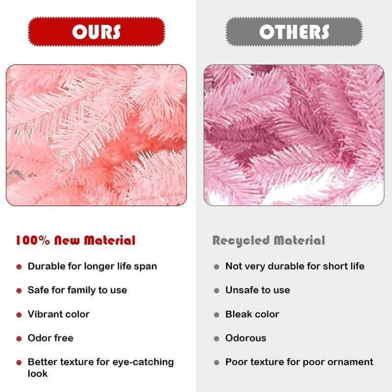 7.5FT Pink Artificial Hinged Spruce Full Christmas Tree with Foldable Metal Stand