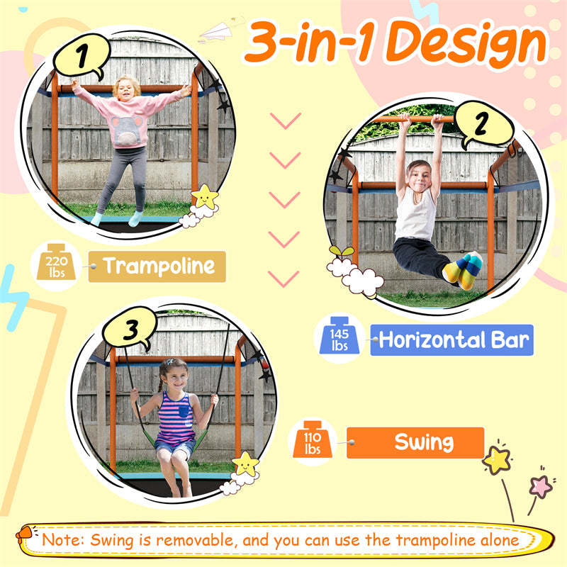 6FT Rectangle Kids Trampoline with Enclosure Net, Horizontal Bar & Swing, ASTM Approved Recreational Mini Trampoline for Toddler Indoor Outdoor