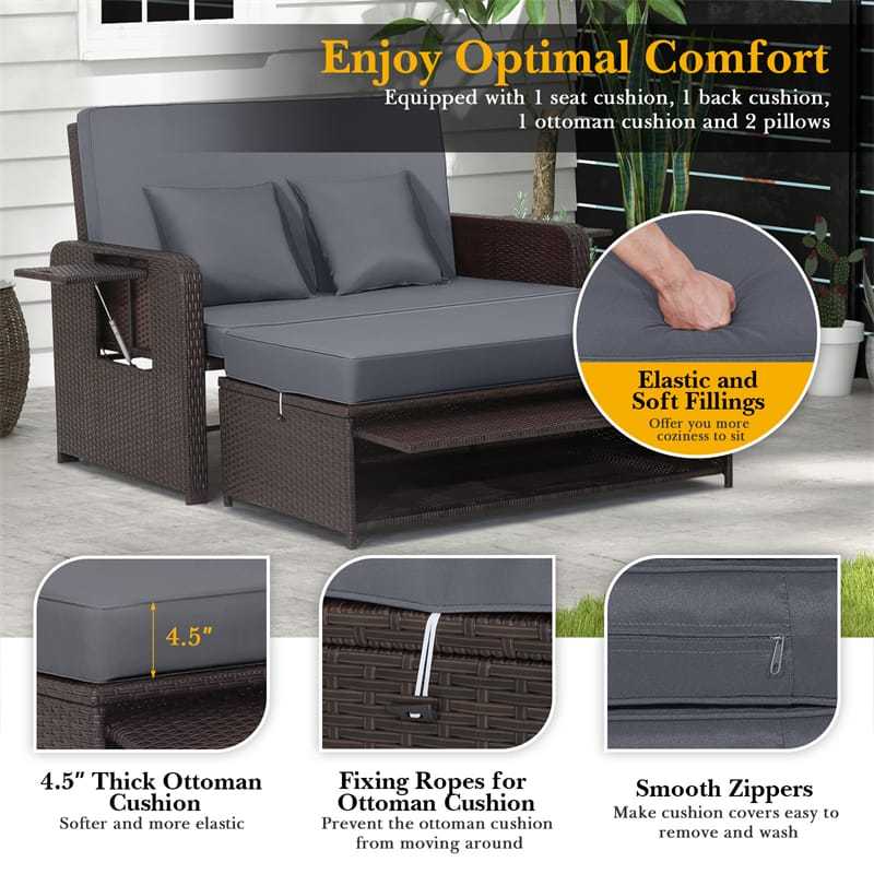 Patio Rattan Daybed Set, Outdoor Wicker Loveseat Sofa w/Multipurpose Ottoman, Retractable Side Tray, 4-Level Adjustable Backrest & Cushions