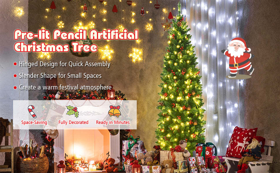 Pre-lit Hinged Pencil Artificial Christmas Tree w/ Pine Cones Red Berries and LED Lights