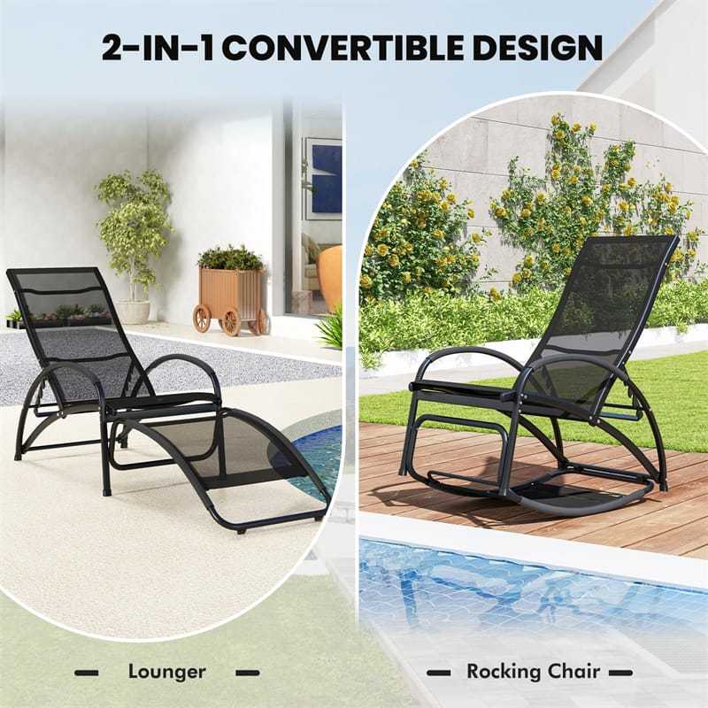 2-in-1 Outdoor Rocking Chair, Convertible Patio Lounge Chair with 4-Position Adjustable Backrest, Curved Armrests & Aluminum Frame for Poolside, Porch