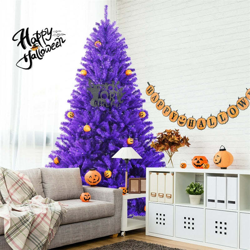 7FT Purple Artificial Christmas Tree Pre Lit Halloween Tree with 500 Orange LED Lights & Pumpkin Ornaments for Holiday Festival Decor