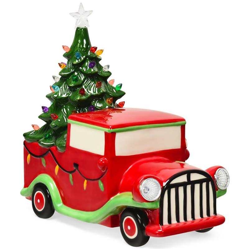 Vintage Tabletop Pre-Lit Ceramic Red Truck with Christmas Tree