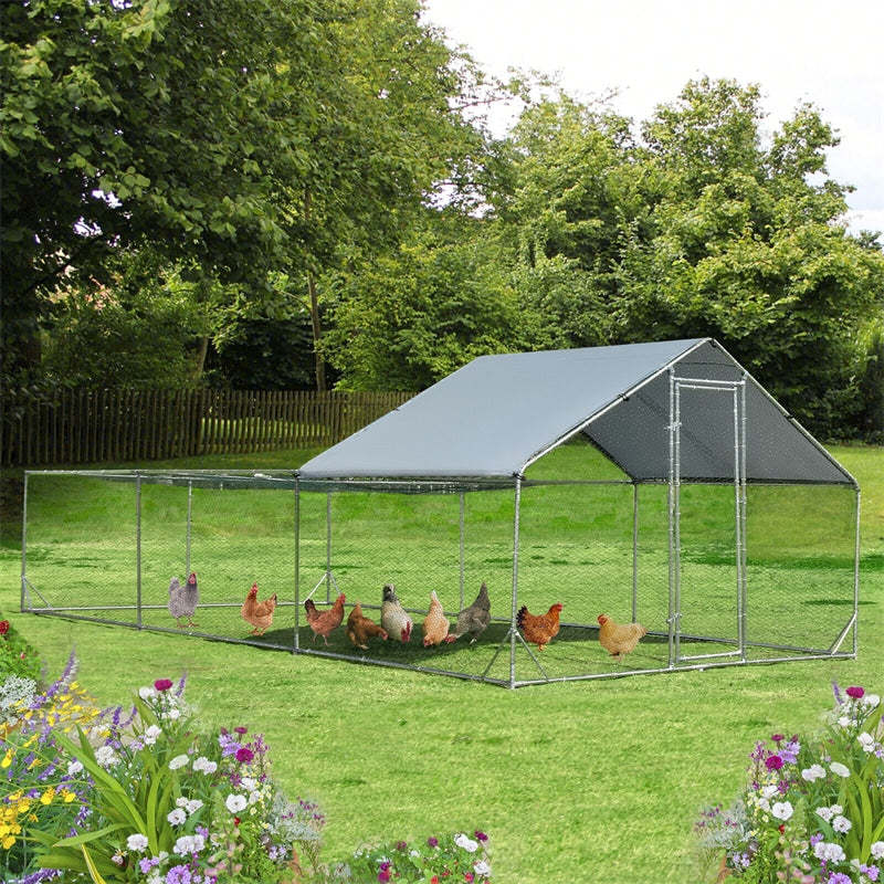 20ft Large Metal Chicken Coop, Galvanized Walk-in Poultry Cage with Weather-Resistant Cover, Rabbit Habitat Hen Run House for Outdoor Farm Use