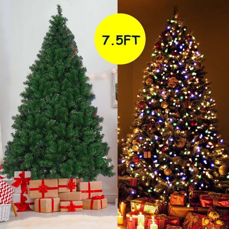 7.5FT Pre-Lit Artificial Christmas Tree, Premium Spruce Hinged Xmas Tree with 550 Multicolor LED Lights & Metal Stand, UL-Certified Transformer