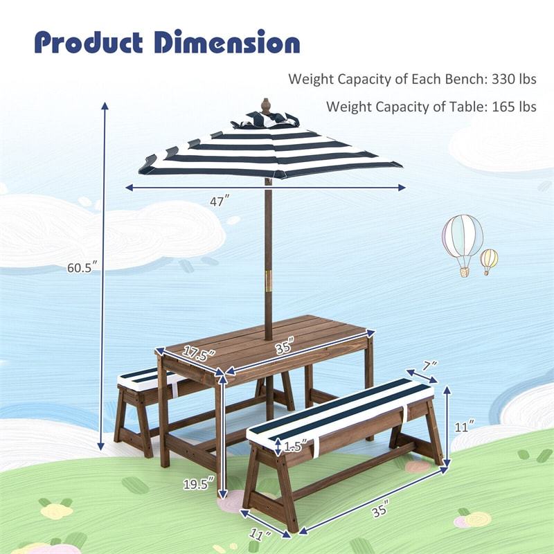 Kids Wooden Picnic Table with Benches, Adjustable Umbrella & Removable Cushion, Outdoor Toddler Furniture Set for Patio Garden Backyard, Ages 3+