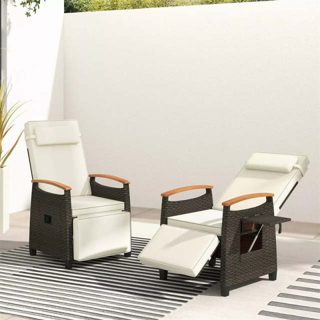 Outdoor Wicker Recliner Chair with Adjustable Backrest, Footrest, Flip Side Table & Cushion, Patio Rattan Chaise Lounge for Backyard Porch