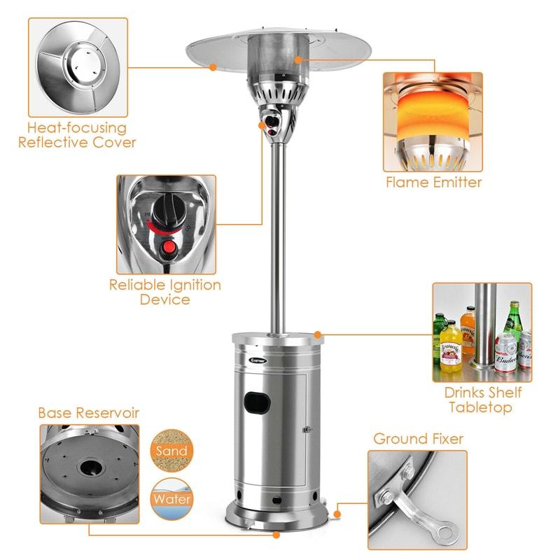 48,000 BTU Propane Patio Heater, Stainless Steel Outdoor Heater with Tip-Over & Flameout Protection, Easy Ignition Standing Heater on Wheels