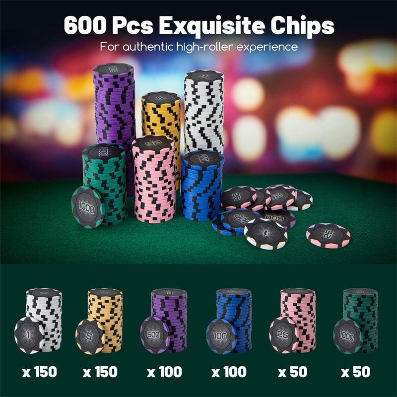 600-Piece Poker Chips Set 14 Gram Clay Poker Chips with Carrying Case & 6 Decks of Cards for Texas Holdem Blackjack