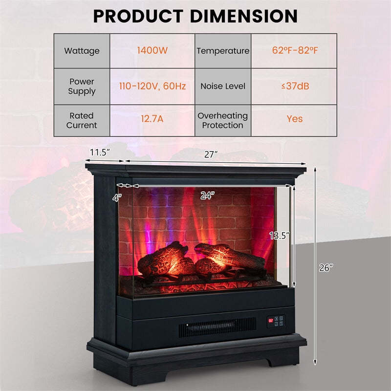 27" Electric Fireplace with Mantel, 1400W Freestanding Heater, 3-Sided Glass View, 7 Flame Colors, Remote Control, 6H Timer, Overheat Protection