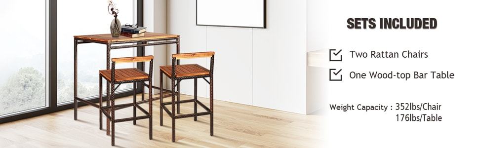 3 Pcs Outdoor Wicker Bar Height Bistro Set Patio Rattan Dining Furniture Set with Acacia Wood Tabletop & 2 Bar Stools