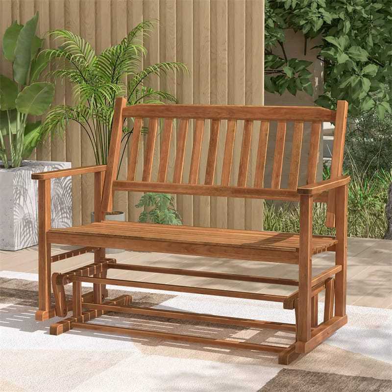 2-Person Outdoor Glider Bench with Poplar Wood Frame, Slatted Seat & Armrest Backrest, Porch Rocking Glider Loveseat for Patio, Garden & Deck