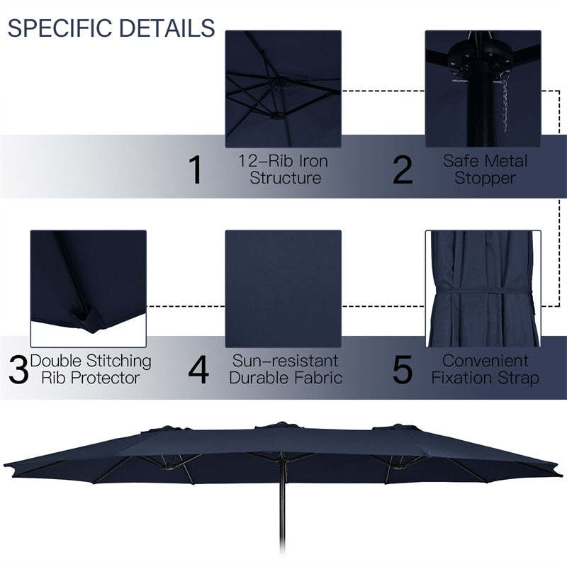 15FT Double-Sided Patio Umbrella with Base, Crank Handle & Air Vent, Extra Large Outdoor Market Umbrella for Poolside, Garden, Backyard