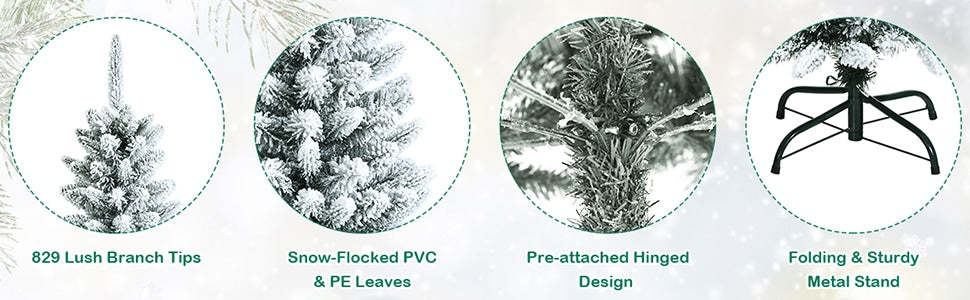6.5ft Snow Flocked Pencil Christmas Tree Hinged Artificial Slim Xmas Tree with 829 Branch Tips & Metal Stand