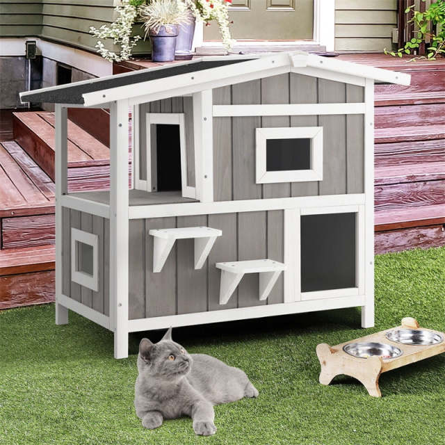 2-Story Outdoor Cat House Weatherproof Wooden Feral Cat Shelter Kitten Condo Cage with Escape Door, Balcony & 2 Jumping Platforms