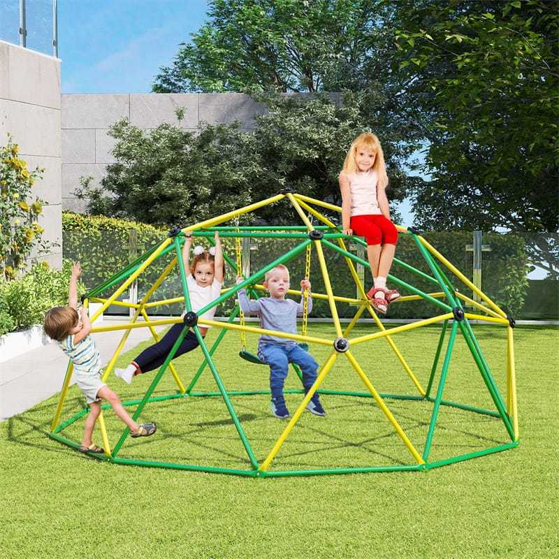 10FT Climbing Dome with Swing, Geometric Dome Climber Indoor Outdoor Jungle Gym Monkey Bar Climbing Toys for Kids Toddlers