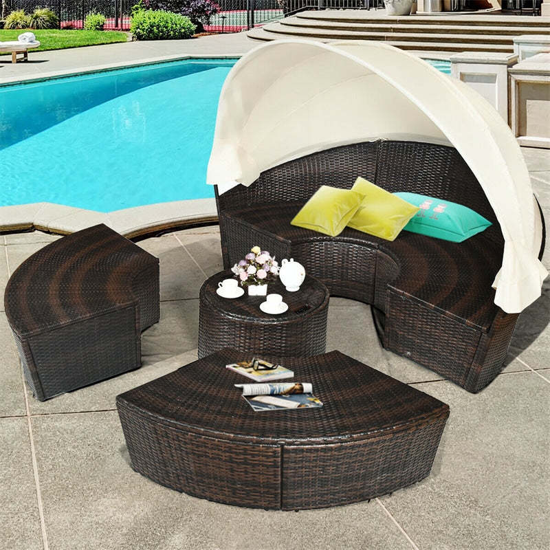 Round Patio Wicker Rattan Outdoor Daybed with Retractable Canopy - Brown