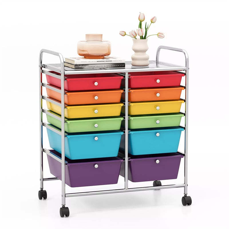 12-Drawer Rolling Storage Cart, Multipurpose Organizer Cart with Lockable Casters, Mobile Utility Cart for School Office Beauty Salon