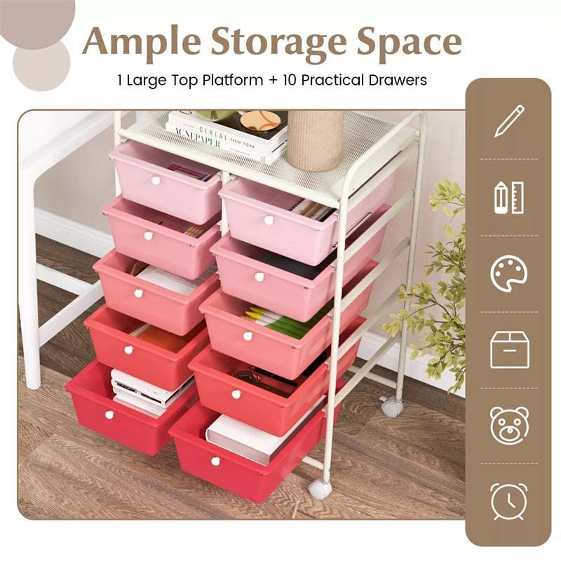 10 Drawer Rolling Cart, Storage Cart Organizer with Wheels, Mobile Utility Cart for Classroom, Office, Home, Craft, Art, Paper, Salon