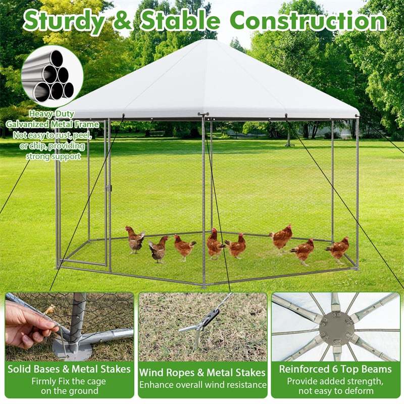 13FT Large Chicken Coop, Hexagonal Galvanized Steel Walk-in Poultry Cage Rabbit Hen Run House with Waterproof Cover for Backyard, Farm