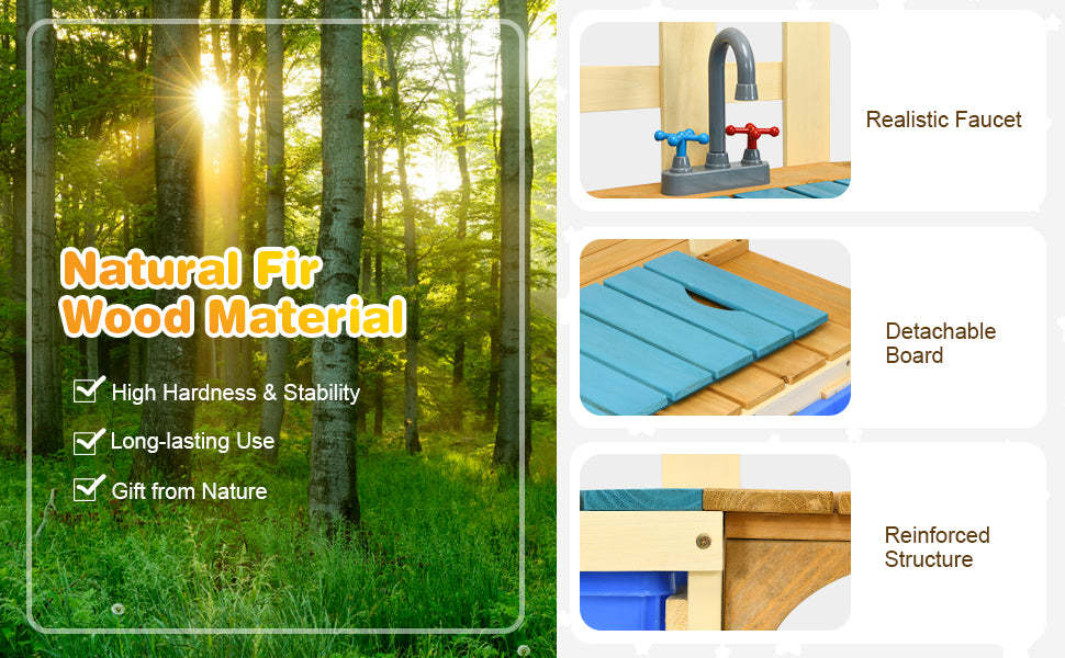 Kids Mud Kitchen Playset Wooden Pretend Play Kitchen Toddler Toy Kitchen with Removable Sink & Simulated Faucet