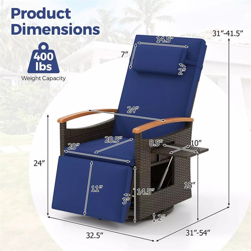 2PCS Outdoor 360° Swivel Rattan Recliner Chair, Patio Wicker Chaise Lounge Chair with Flip Side Table, Cushion, Adjustable Backrest & Footrest