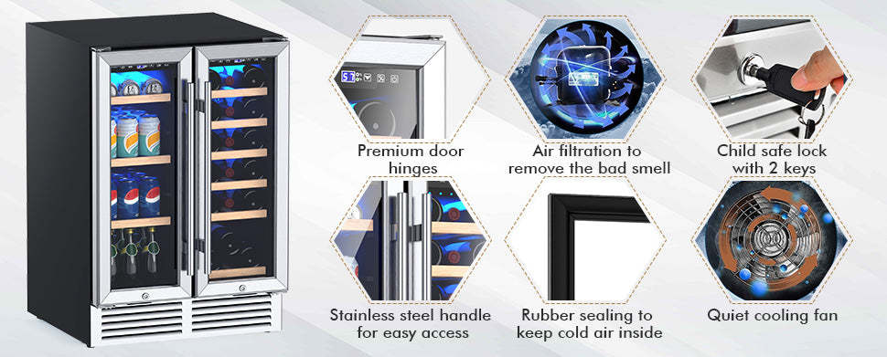 24" Dual Zone Wine Beverage Fridge Cooler with Memory Temperature Control