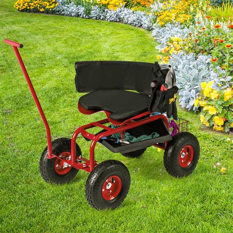 Rolling Garden Cart with 360° Swivel Seat, Tool Tray, Storage Basket, Removable Cushion & Handle, Height Adjustable Gardening Workseat for Patio Lawn