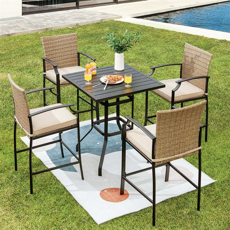Set of Outdoor Patio Rattan Bar Stools with Cushions Armrests