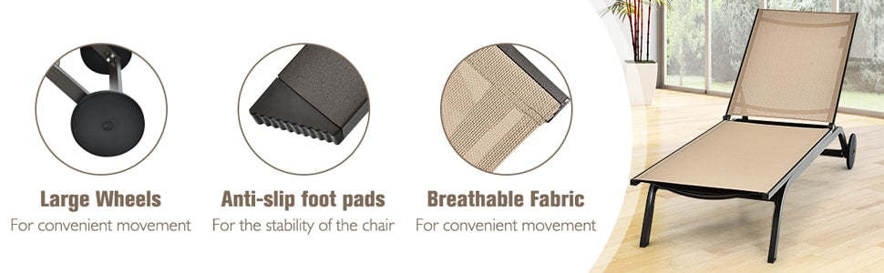 6-Position Adjustable Patio Chaise Lounge Chair Outdoor Beach Recliner with Wheels