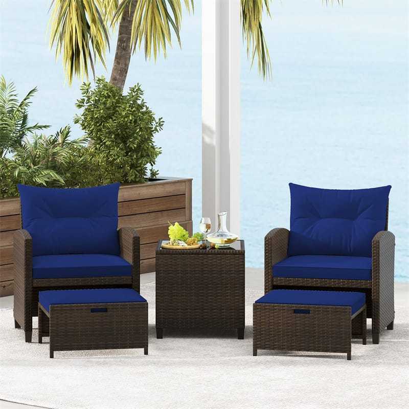 5-Piece Patio Rattan Furniture Set, Cushioned Wicker Chairs with 2 Ottomans & Glass Coffee Table, Outdoor Sectional for Porch Backyard Poolside