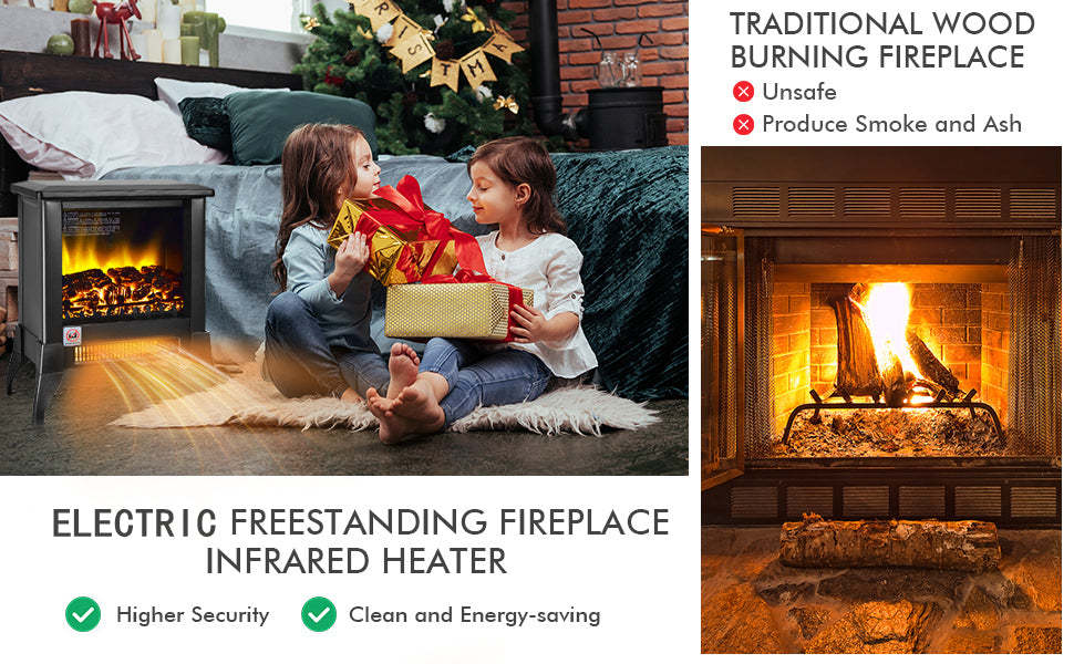 18 Inch Portable Electric Fireplace Stove 1400W Freestanding Fireplace Heater with Realistic Flame Effect