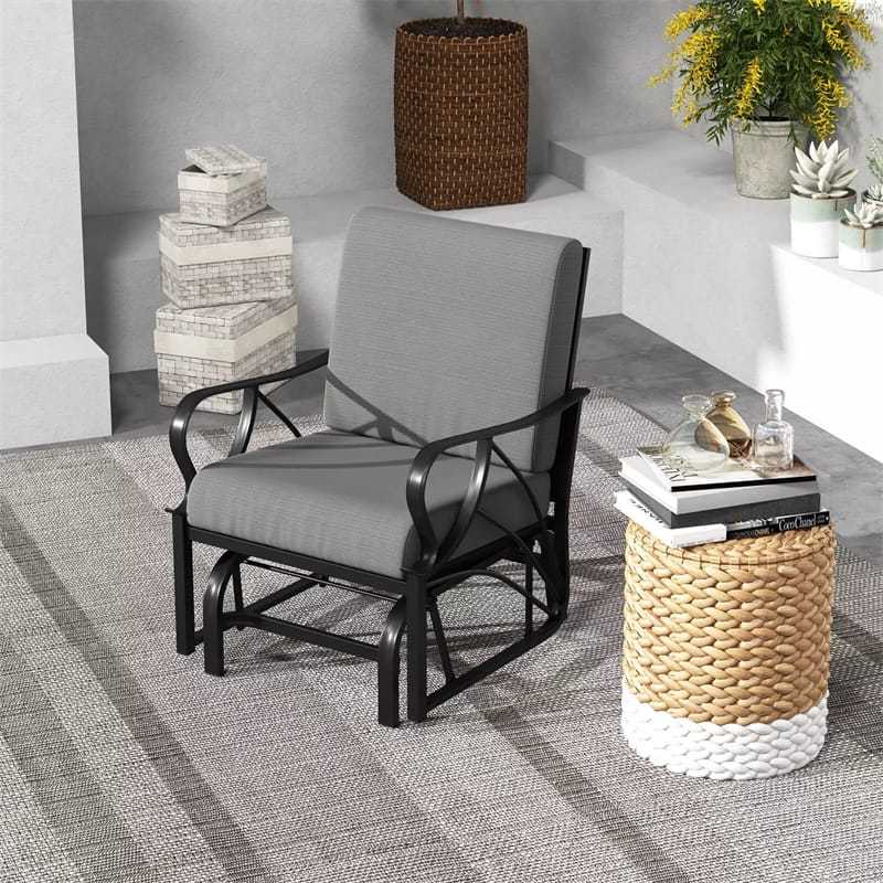 Outdoor Glider Rocking Chair with Cushion, Curved Armrest & Metal Frame, Ergonomic Patio Glider Chair for Porch, Backyard, Poolside