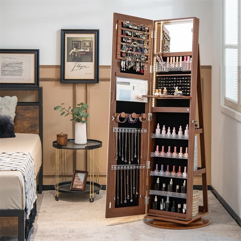 360° Swivel Jewelry Armoire with Full Length Mirror, Adjustable 3-Color LED Lights & Storage Rack, Lockable Standing Jewelry Cabinet Organizer