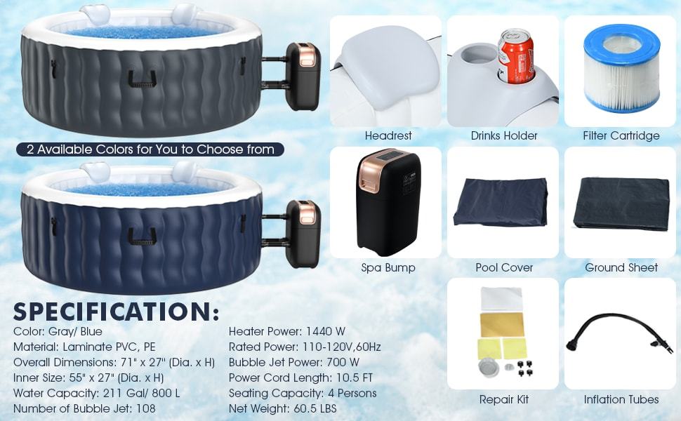 4 Person SaluSpa Inflatable Hot Tub Spa Indoor Outdoor Portable Blow-up Hot Tub with 108 Massage Bubble Jets Air Pump Filter Cartridge & Tub Cover